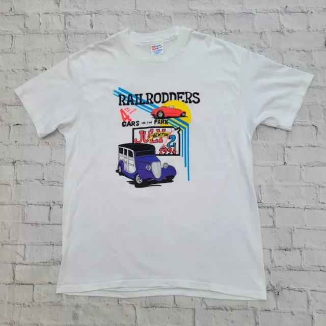 Vintage 90s Hotrod Graphic Print White T-Shirt Mens XL Made in USA Hanes Heavy