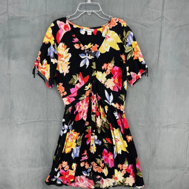 Billabong Dress Womens Large Black Floral Short Sleeve Short Length V-Neck