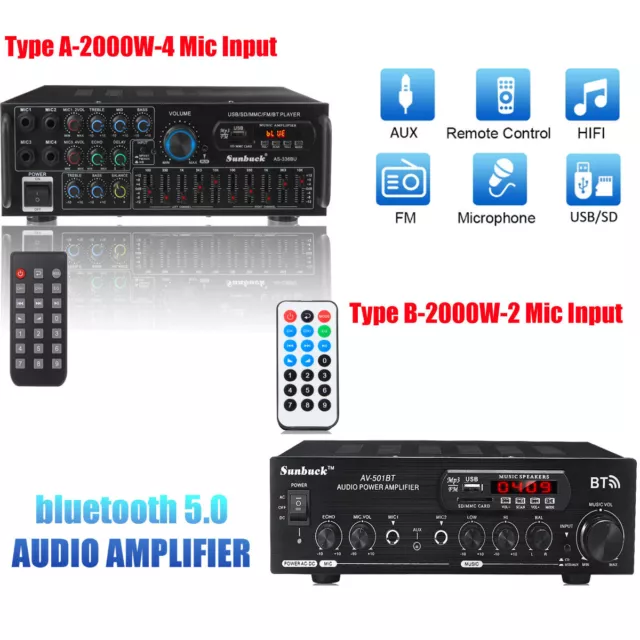 2000W Digital Power Amplifier bluetooth Stereo HiFi Audio 2CH USB SD FM Home Car