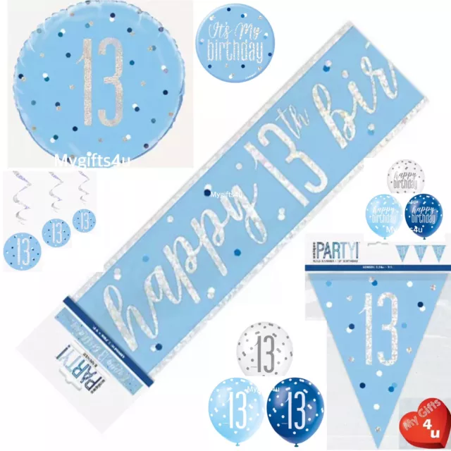 Happy Birthday & Age 13th Party Decorations Bunting Banner Balloon Blue Teenager