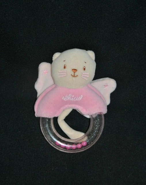 Peluche Doudou Chat Rose CHICCO Fille 2 Ailes Etoile Hochet Grelot Anneau TTBE