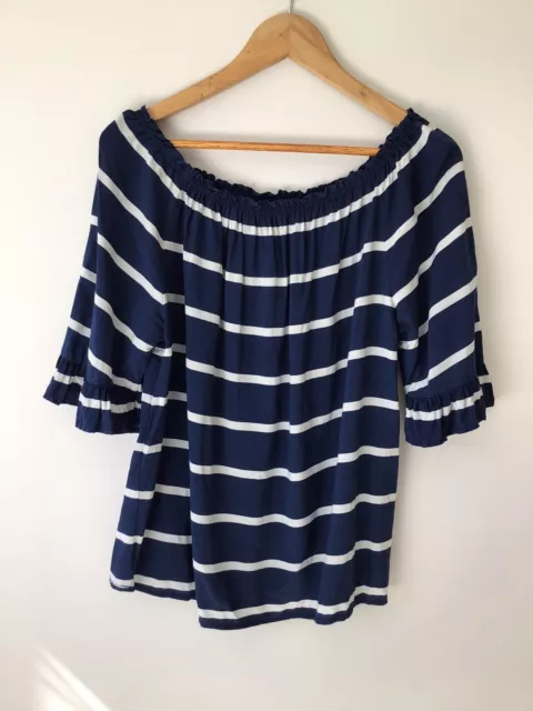 Suzannegrae Womens Blouse Top Size12 Blue White Stripe Elastic Neck Short Sleeve