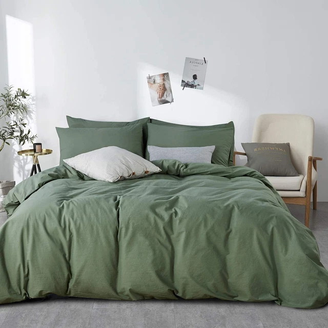 Housse De Couette 220x240cm 100% Coton Lavé - Vert Sauge | 2 Taies 65x65cm - Style Lin