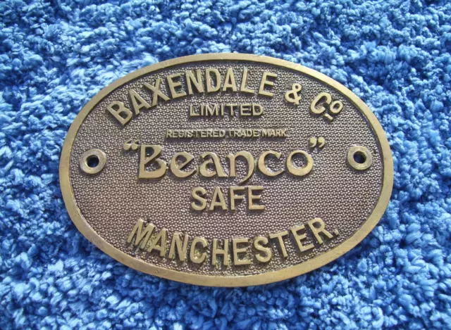 VINTAGE 1930s BAXENDALE & CO BEANCO SAFE PLATE~OLD MANCHESTER BRASS BADGE/PLAQUE