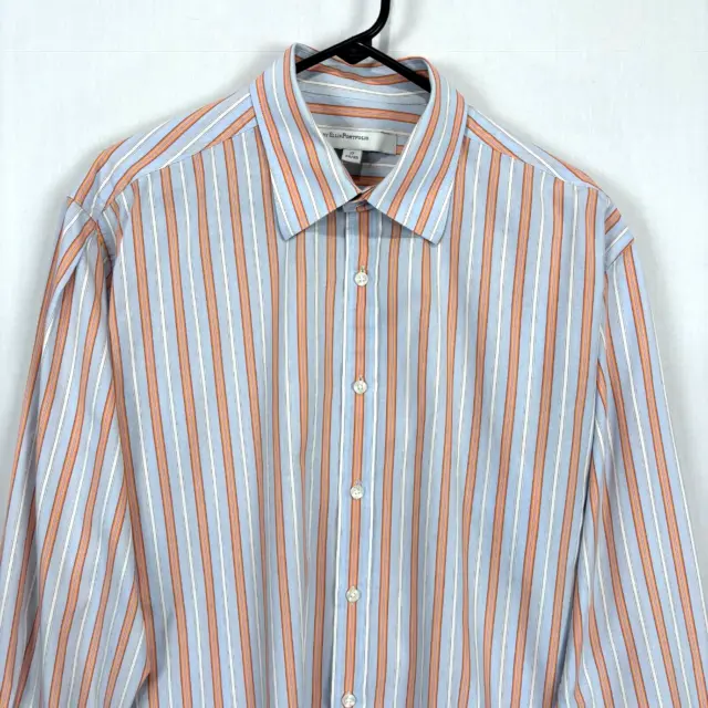 Perry Ellis Portfolio Men's Size 17 Shirt Blue Halo Stripe Button Up Long Sleeve