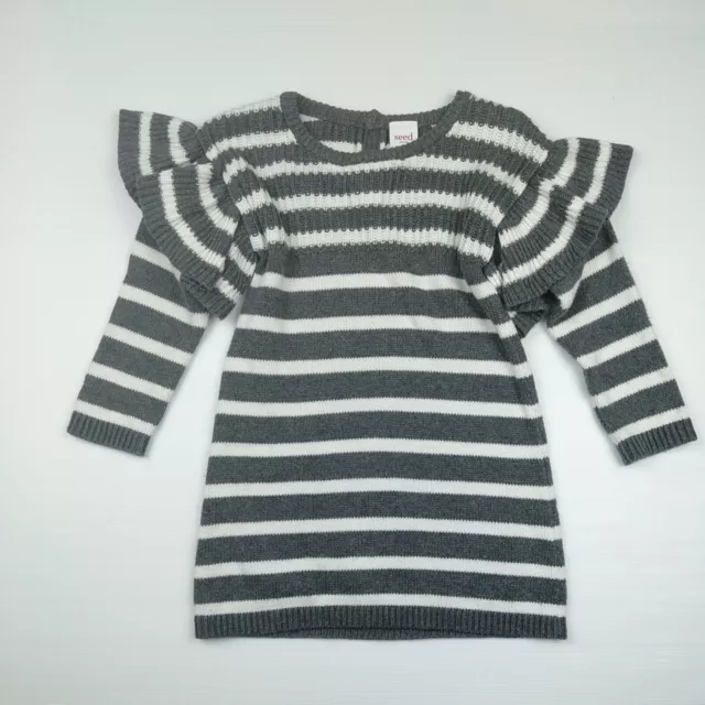 Seed Baby Girl Grey White Knitted Dress Size 18-24 Months 2 Stripes Ruffle