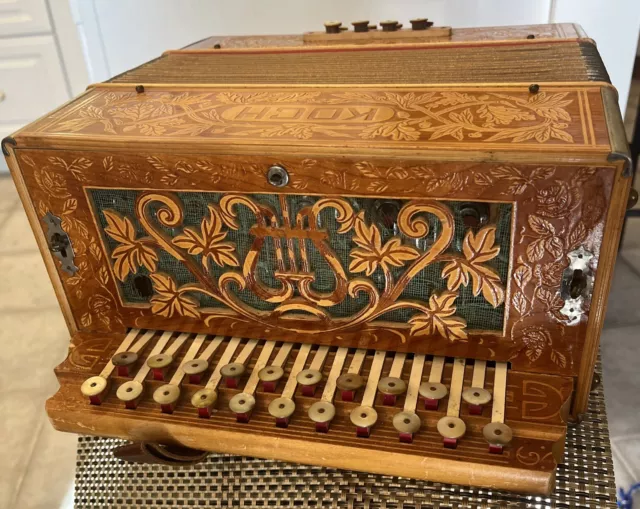 Antique Koch Hohner Accordion 1880-1920's Wood Carved Original Box & Papers COOL