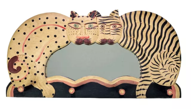 Carved Painted Wood Cat 4 Hook Mirror Wall Hanging Primitive Folk Art Boho