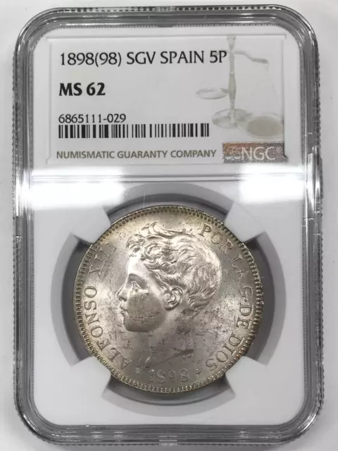 1898 (98) SGV Spain Silver 5 PESETAS NGC MS-62 - Rainbow Toning Reverse