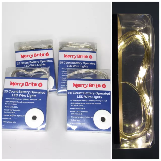 LED Wire Lights 4 Function Battery Operated Warm White Silver Wire 8ft Lot of 4