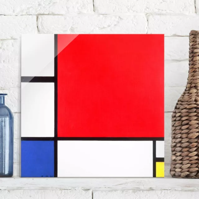 Glasbild Kunstdruck Piet Mondrian Komposition mit Rot, Blau und Gelb Quadrat