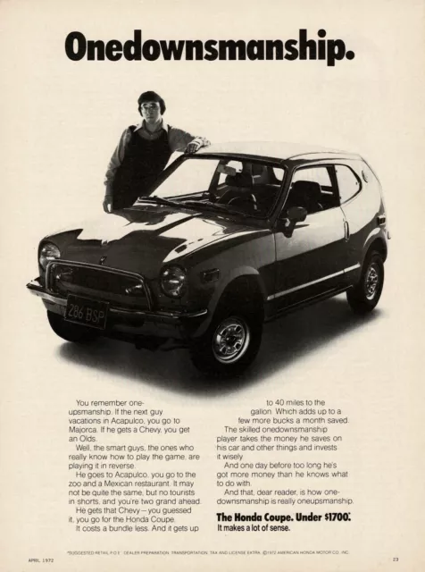 1972 HONDA Coupe 'Onedownmanship' Automobile Compact Car Vintage Ad