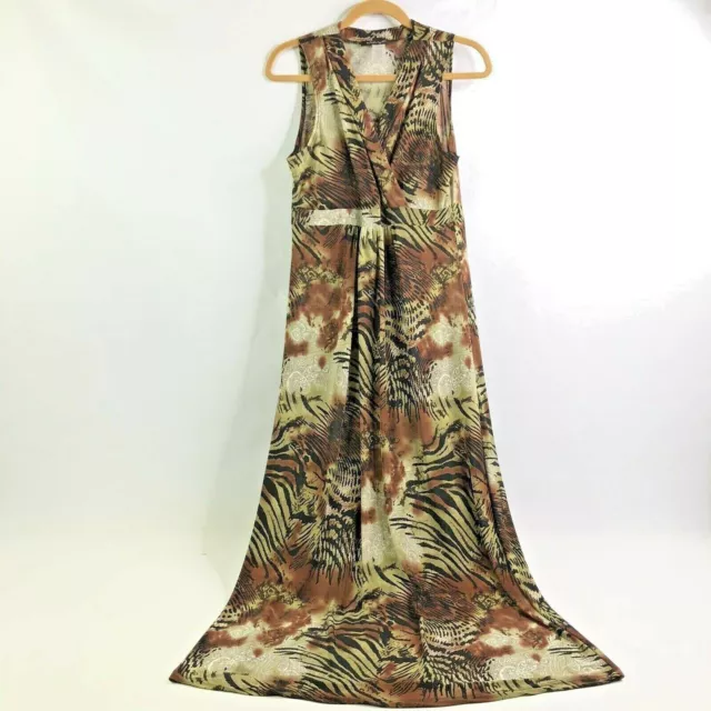 Womens Faux Wrap Maxi Dress Medium Sleeveless Jersey Knit Animal Print Tie Dye