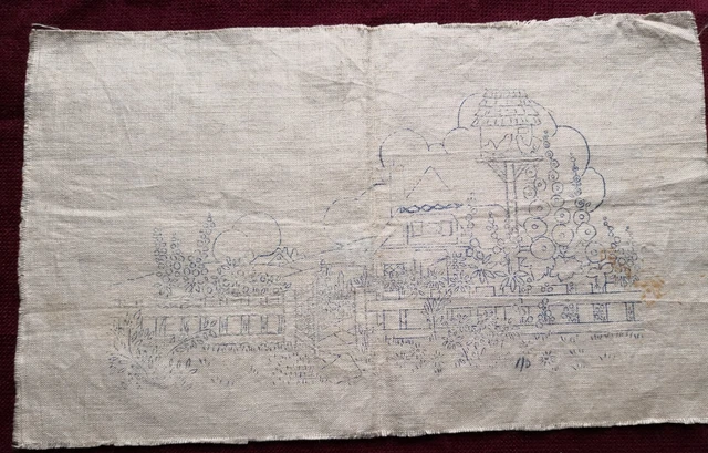 VINTAGE GESTEMPELT LEINEN HÜTTE GARTENSZENE stickfertig