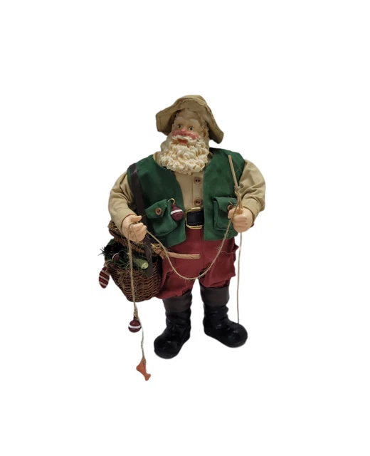 Fishing Fisherman Santa Claus Pole Basket Fish 10"H  Christmas Figure Resin