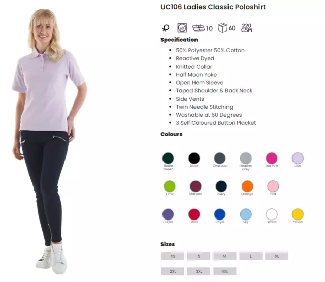 Uneek Ladies Poloshirt Classic Fit 220GSM Work Wear TOP Womens Polo Shirt XS-4XL 3