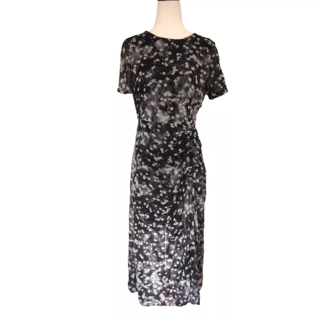 Simply Vera Wang Womens Dress M Midi Black Floral Ruched Short Sleeve Crewneck