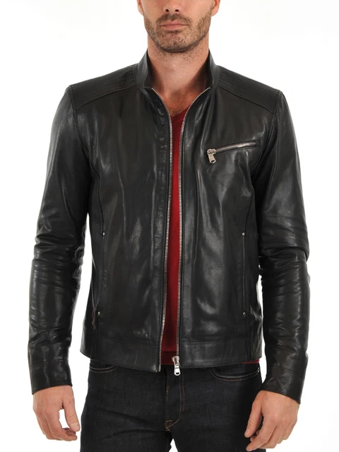 NEW Stylish Men's Genuine Lambskin Leather Black Slim Fit Jacket