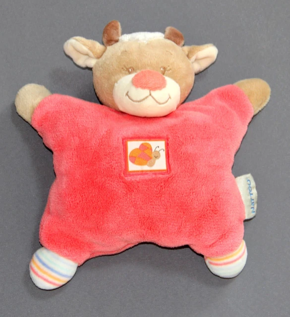 Doudou Semi Plat Vache Beige   Rose Papillon Grelot Nattou  État  Neuf