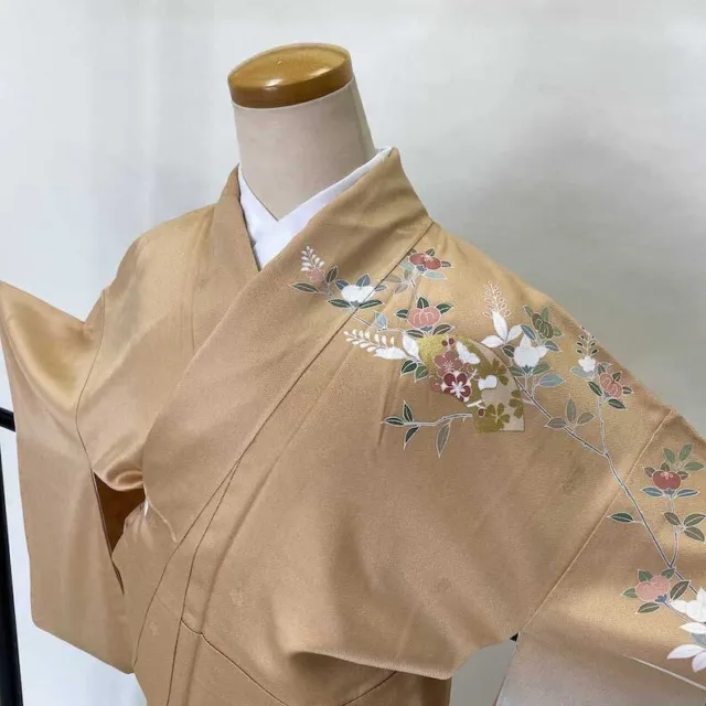 Japanese Kimono "HOUMONGI" Silk M size A rank gray orange crane kimono 1160 3
