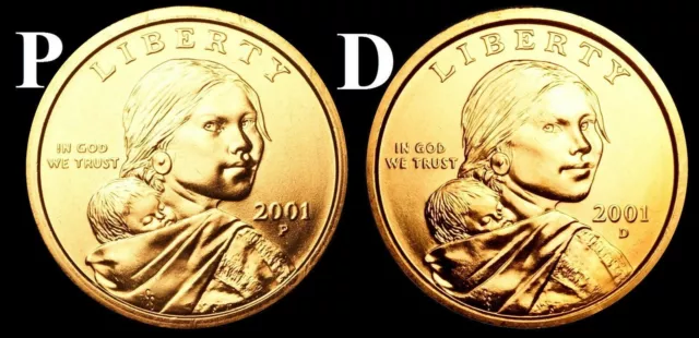 2001 P & D Sacagawea Native American Dollar US Mint Coins "BU" (2 Coin Set)