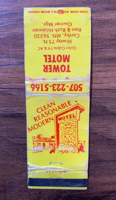 Rare Matchbook Cover TOWER MOTEL Canby, Minnesota Ken & Ruth Hildman Ephemera