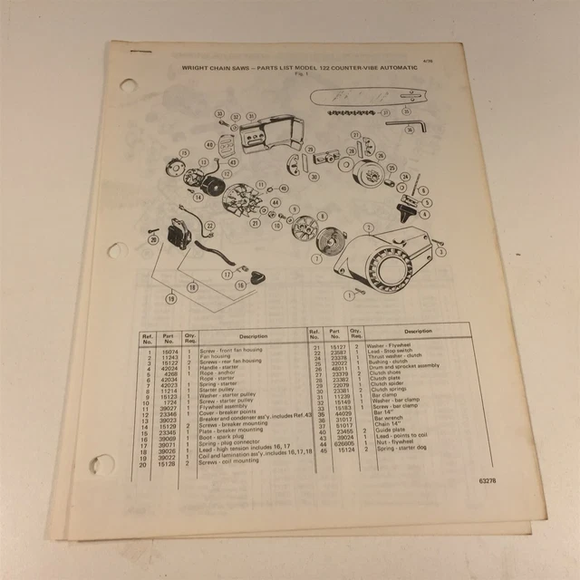 1976 Wright Model 122 Counter-Vibe Automatic Chain Saw Parts List 63278 1976 Wright Model 122 Counter-Vibe Automatic Chain Saw Parts List 63278