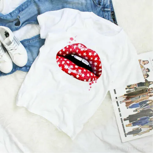 Women Sleeve  Round  Blouse  Neck  Casual  Lips  Ladies  Printed  Short