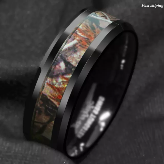 Black Tungsten Men's Red Forest Camouflage Camo Hunting ATOP Band Ring Size 6-13 3