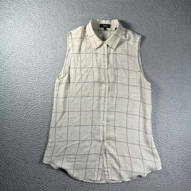 Theory Shirt Womens Small Ivory Plaid Sleeveless Tank Top Button Up Casual