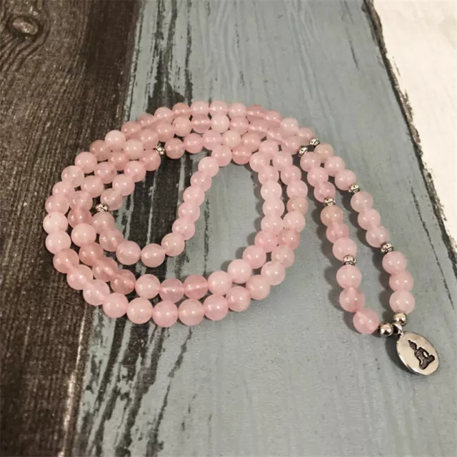 8MM 108 Pink Crystal Buddha beads Lotus Pendant Bracelet Lucky Mala Reiki