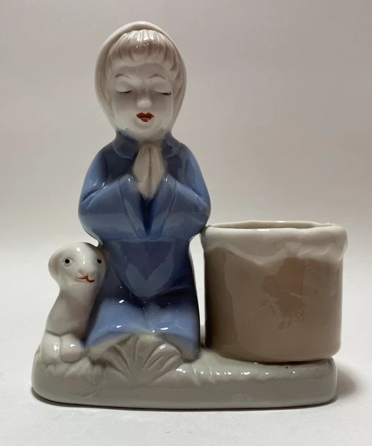 Vintage Ceramic Kneeling Child in Prayer with Lamb Figurine Votive Candle Holder
