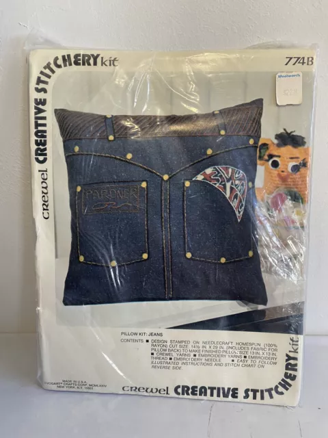 Kit de almohada vintage Crewel #774B kit de almohada de mezclilla sintética Vogart EE. UU. NUEVO EN PAQUETE
