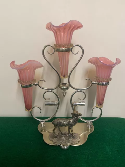 Charles Henry Hattersley Silver Plated Epergne With Pink Vaseline Glass Flutes