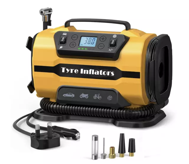 Mains Tyre Inflator 240V, Car Tyre Pump, Air Compressor 230V AC and 12V Yellow