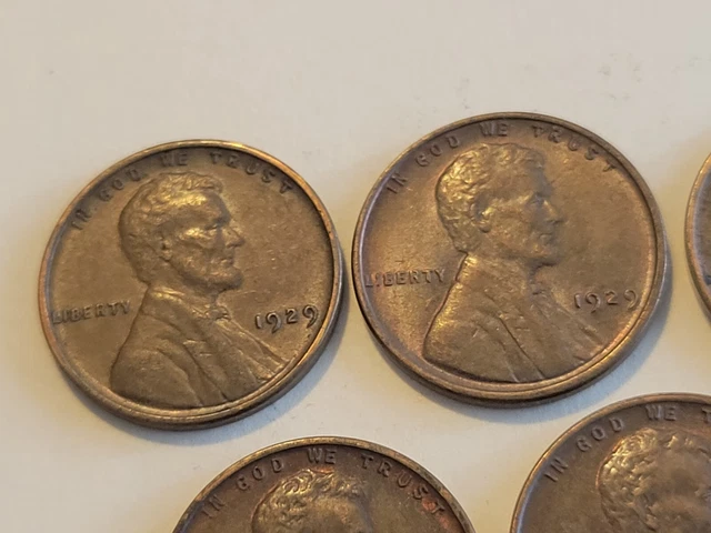 1929 Lincoln Wheat Cent Penny Lot of 5 Gorgeous Coins! Philadelphia US Mint! 8
