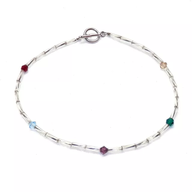 925 Sterling Silver Clear And Multicolor Beaded Ankle Bracelet Anklet 9 1/4 in