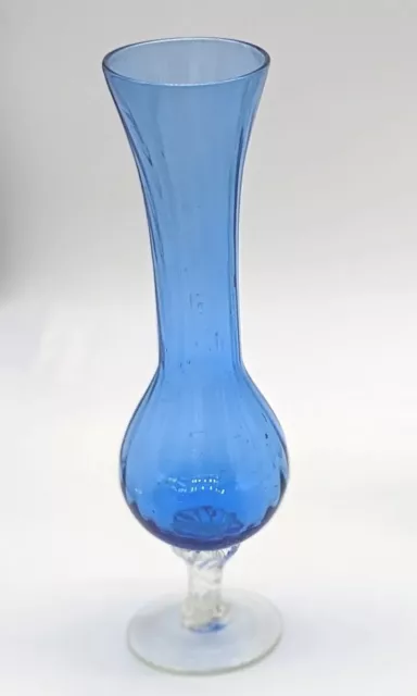 Vintage handblown light blue art glass vase. Clear applied twisted stem