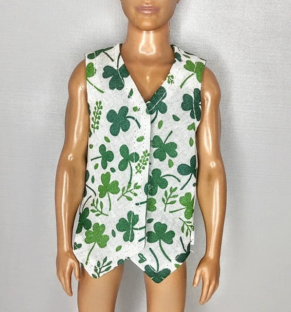 St Patrick's Day Shamrock White Vest Top Ken Barbie Doll Clothes Handmade OOAK