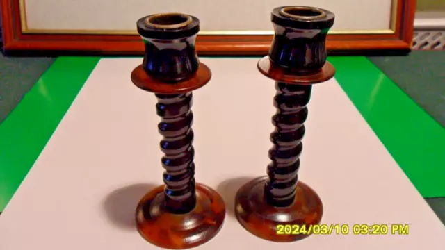 BRILLIANT   Pair 1930s Faux Tortoise Shell Candlesticks Bakelite 13.8 CM TALL