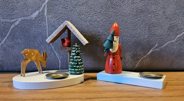 2 Kerzenhalter Vogelhaus mit Reh/Weihnachtsmann V.Zenker Seiffen Erzgebirge