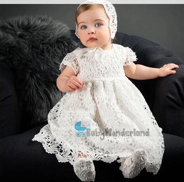 Baby Girl 2 Pieces Formal Christening Baptism Gown Lace Dress + Bonnet 0-2Years