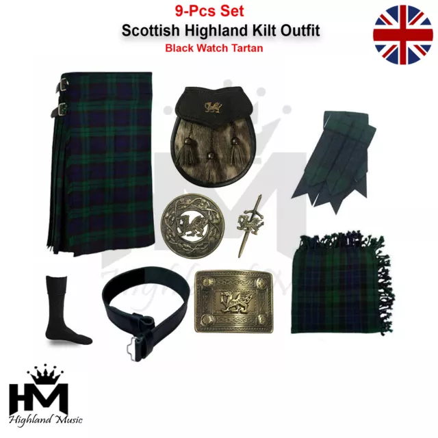 Schottische Herren Highland Kilt 9-teiliges Paket Schwarz Uhr Tartan Leder Sporran, Pin