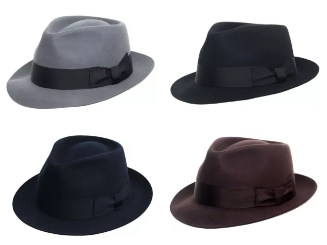 Gents 100% Wool Felt Fedora Trilby Manhattan Hat Hand Made in 4 colors