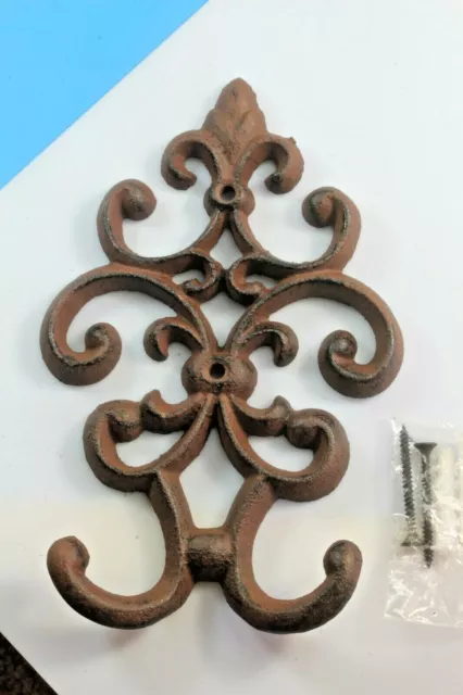 Vintage Cast Iron Scrollwork Double Wall Hooks With Mounting Hardware.