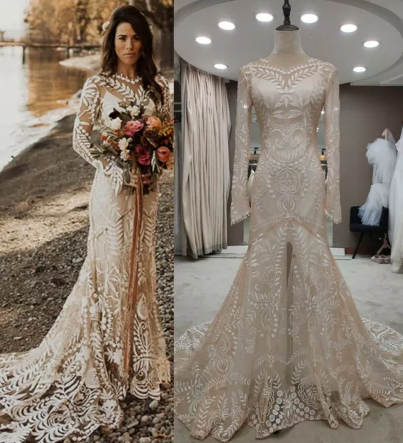 Personalisiertes BOHO böhmische Trompete Langarm Spitze Hochzeitskleid Brautkleid 3