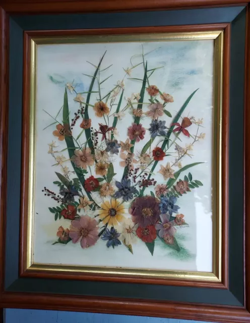 VINTAGE Pressed Dried Flowers Picture Framed MCM WALL DECOR Big 21.5x26.5