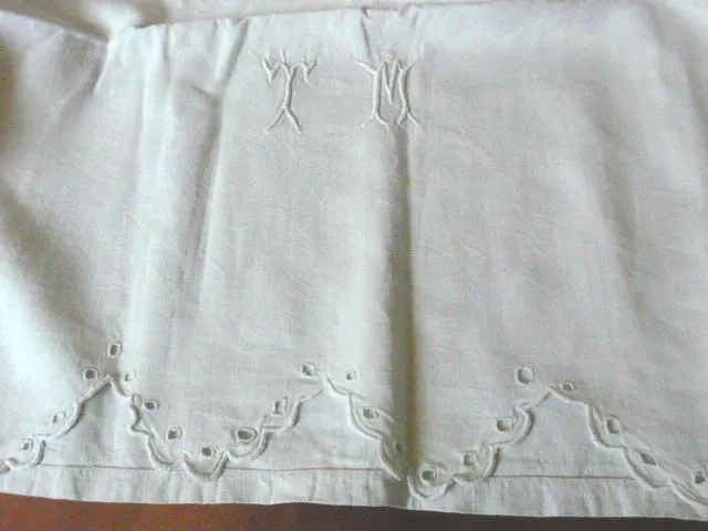 Antique vintage French metis linen cotton sheet heavy TM 81X110" scalloped