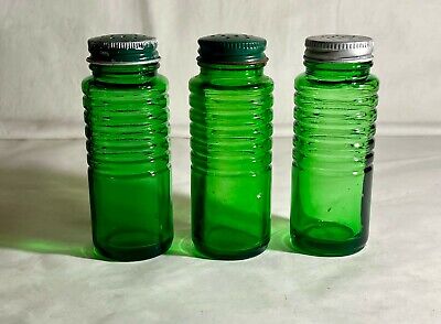 3 Owens-Illinois Forest Green Vertical Rib Round 4 1/2" Spice Shakers