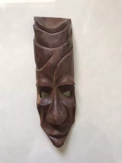 VTG 14" African Mask Vintage Iron wood carved Wall decor VTG home OLD amulet USA